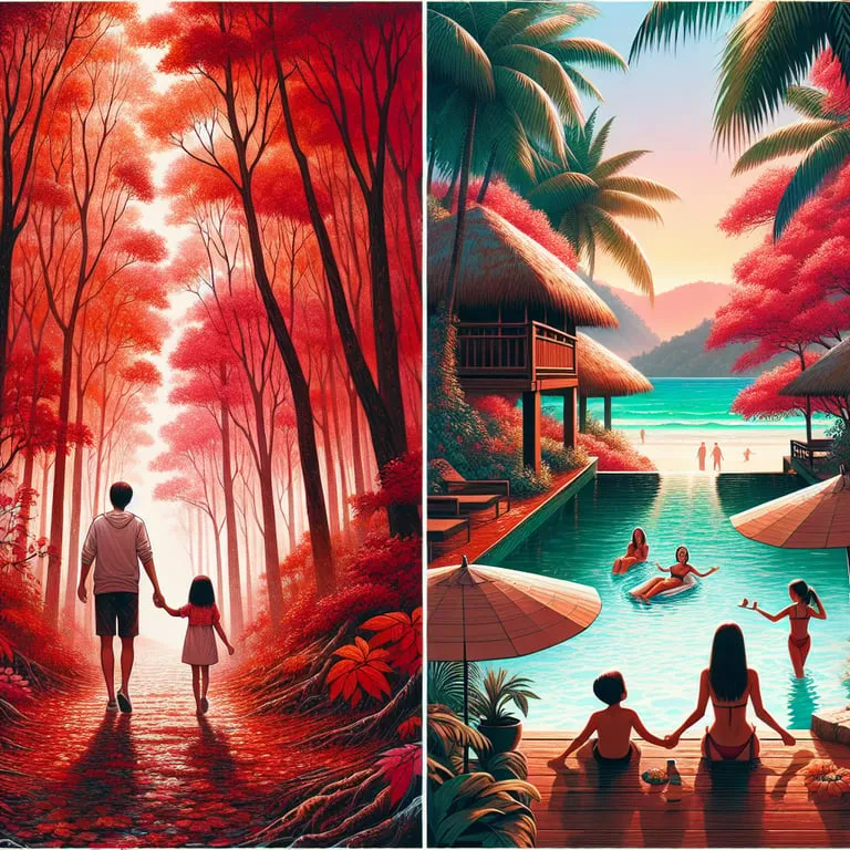 가족과 함께 동남아 해변에서 즐거운 시간을 보내는 모습